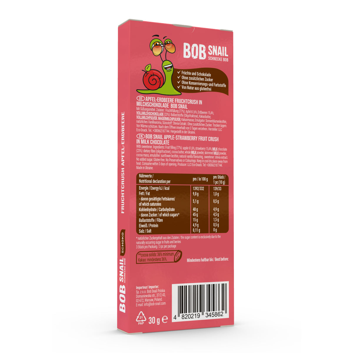 Bob Snail Frucht-Crush Apfel-Erdbeere in Vollmilchschokolade 30 g