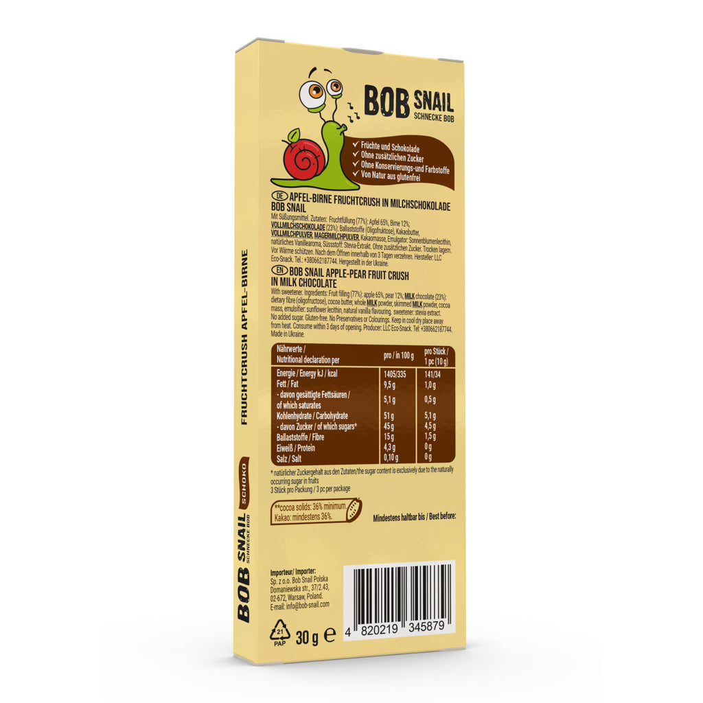 Bob Snail Frucht-Crush Apfel-Birne in Vollmilchschokolade 30 g